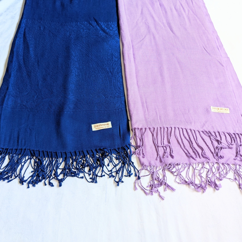 Pashmina Cashmere Silk Scarves Bundle  Royal Blue Printed Pattern And Lavander